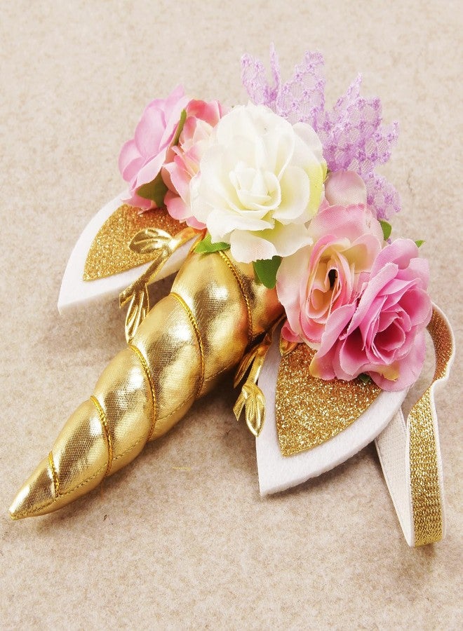 Nishine Roses Floral Unicorn Horn Headband Elastic Baby Girls Unicorn Hairband Party Supplies (Gold&Ivory) - Image 3